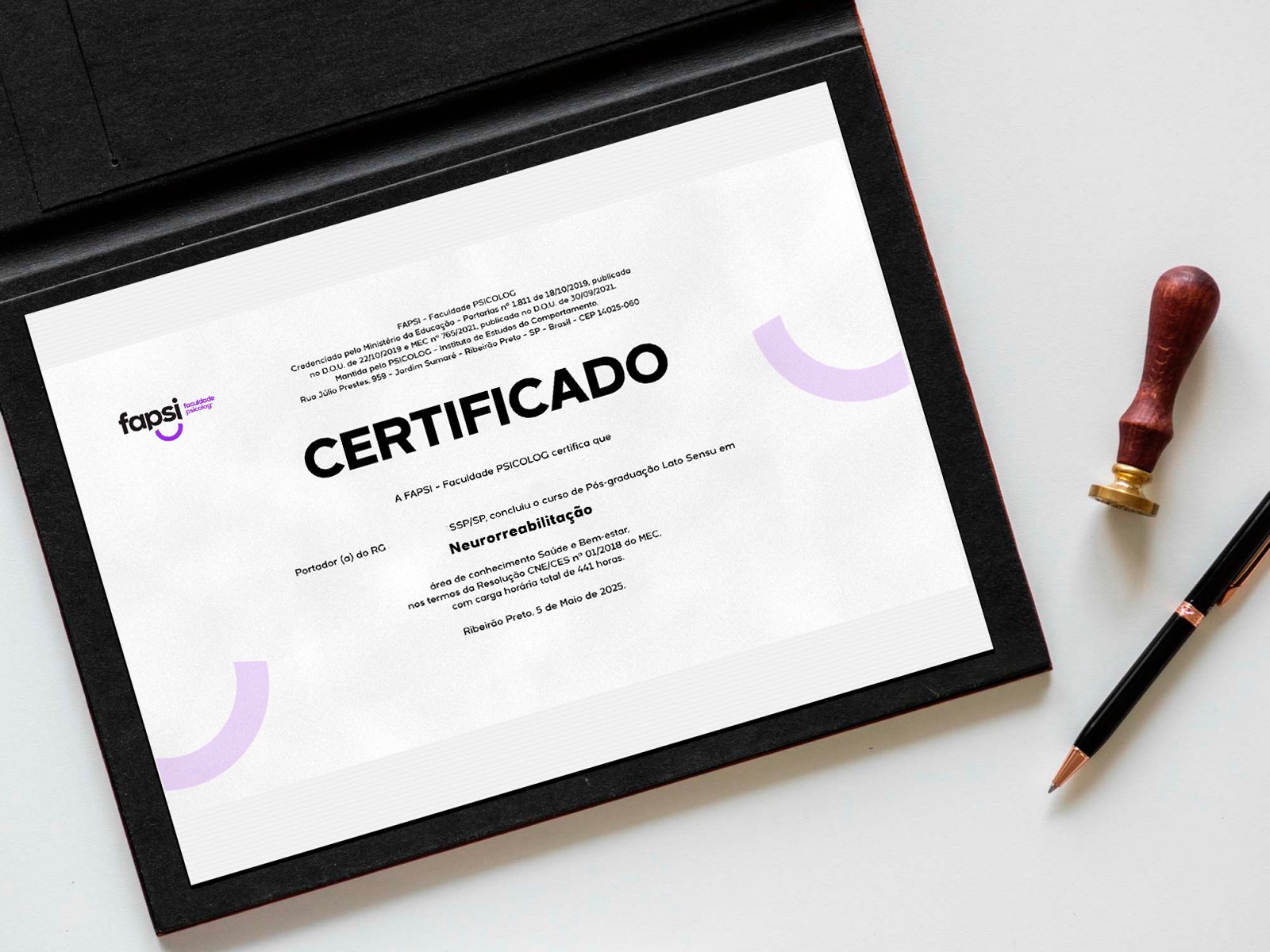Mockup do Certificado de Especialização em Neuropsicologia